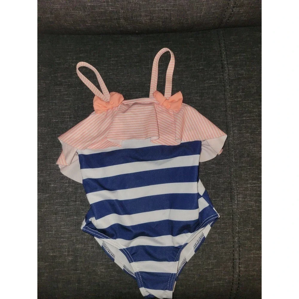 Swimsuit 3t Blue And White Stripe With Peach Ruffle With Bow